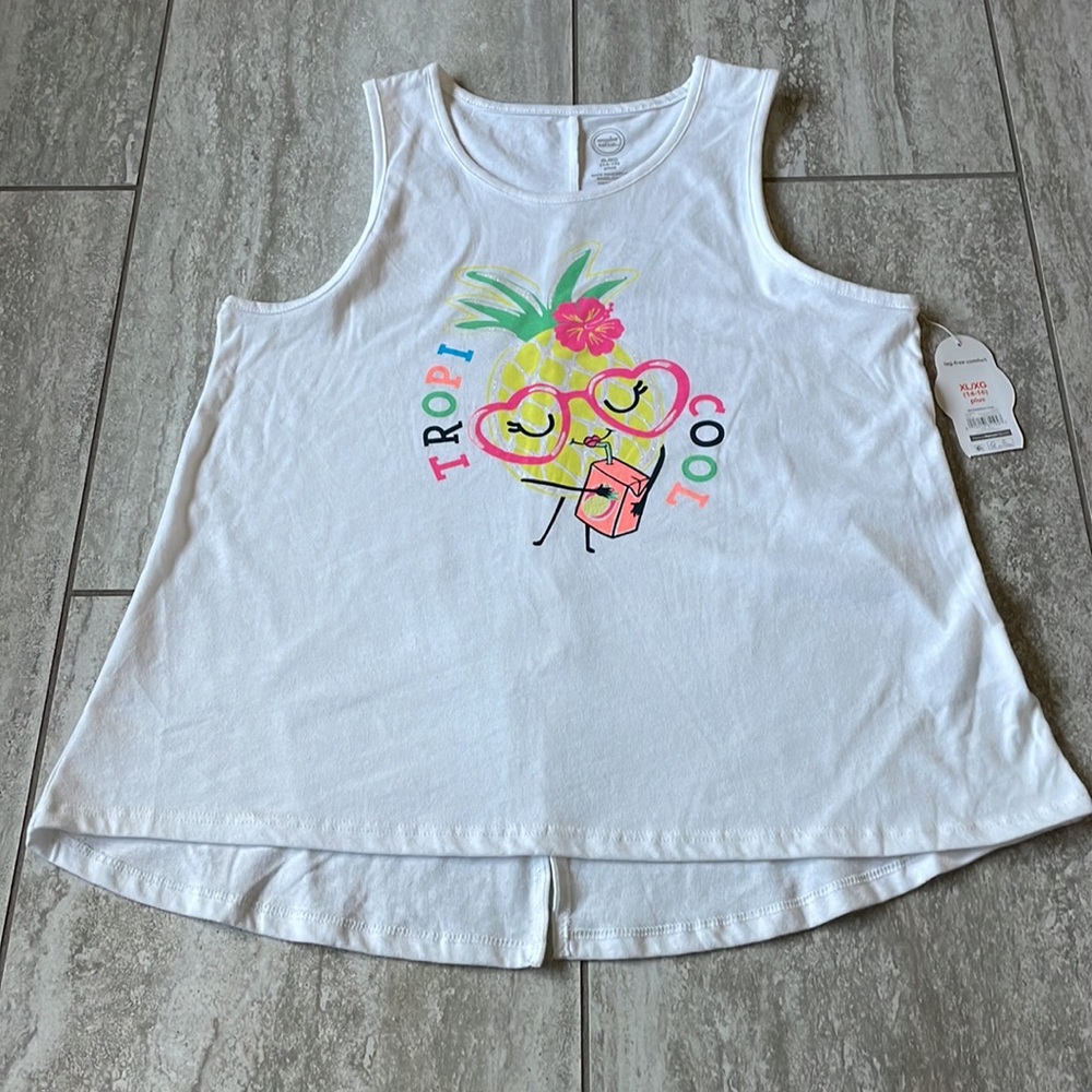 wonder nation round neck sleeveless white tank top for girls low back and a slit